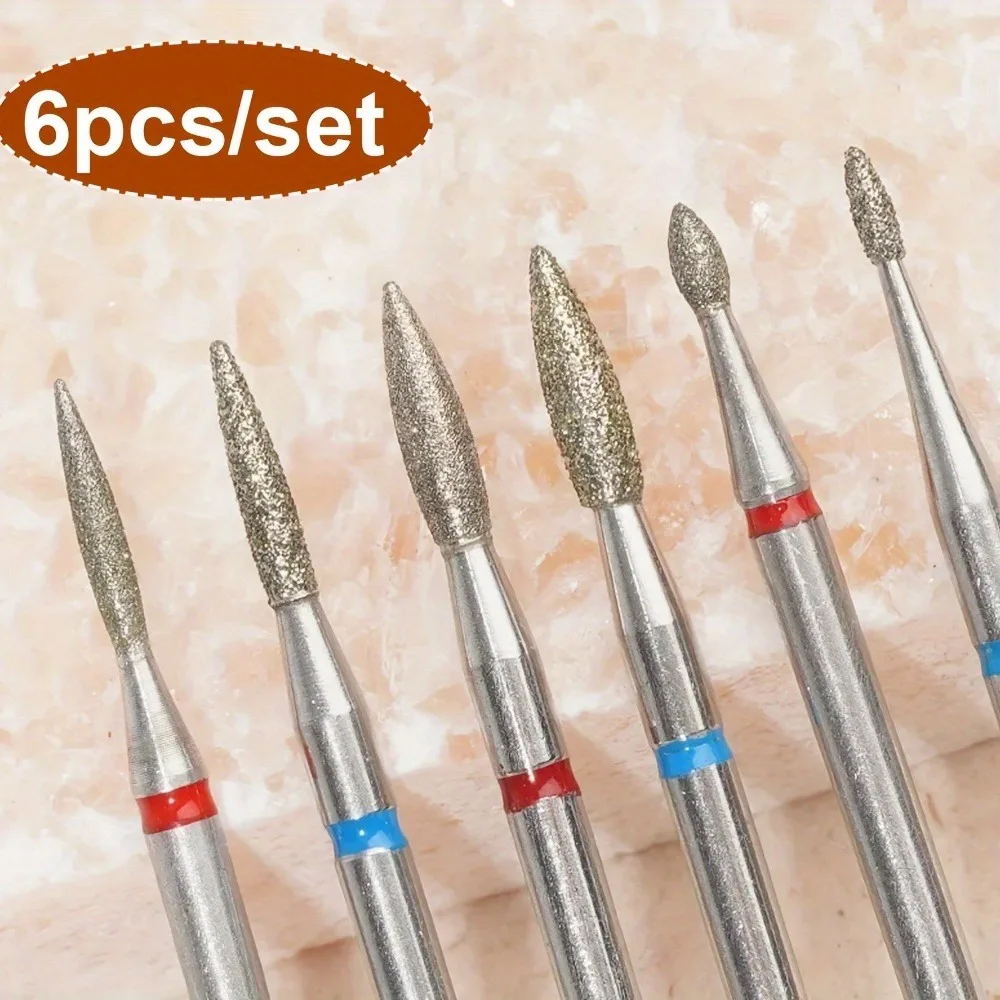 Kit-6 Professional Flame Shape Russian Mills Nail Drill Bits Set, Cuticle Clean Burr, Electric Manicure Drills, Unscented Nail