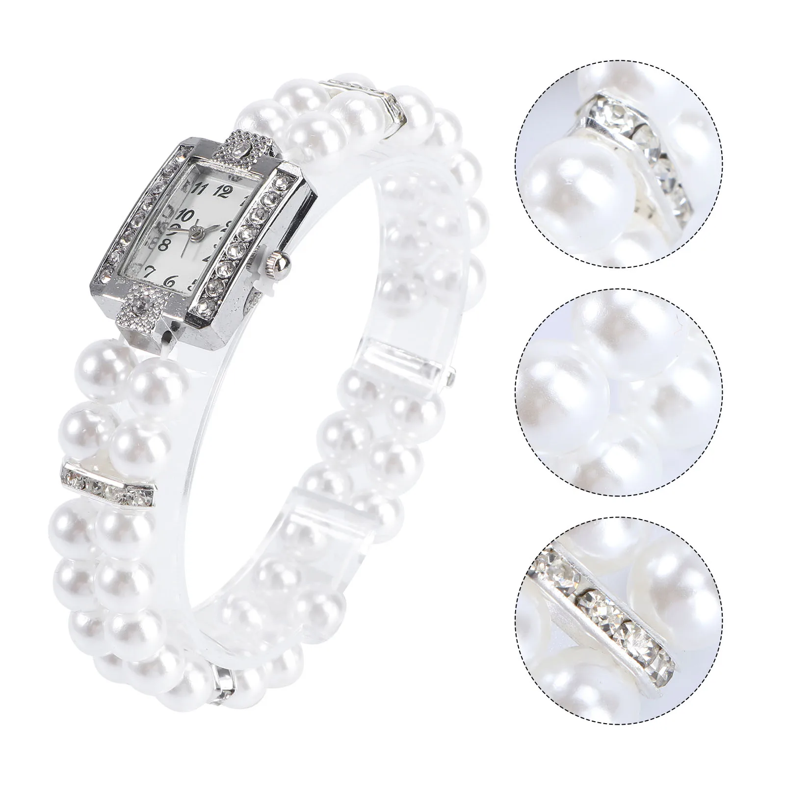 

Stylish Two-Row Pearl Rhinestone Bracelet Watch Women's White Elastic Quartz Wristwatch with Stainless Steel Elegant Design