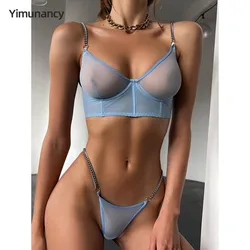 Yimunancy Chain Strap Sheer Bra + Panty Underwear Set Women 2-Piece Sexy Erotic Set Transparent Intimates