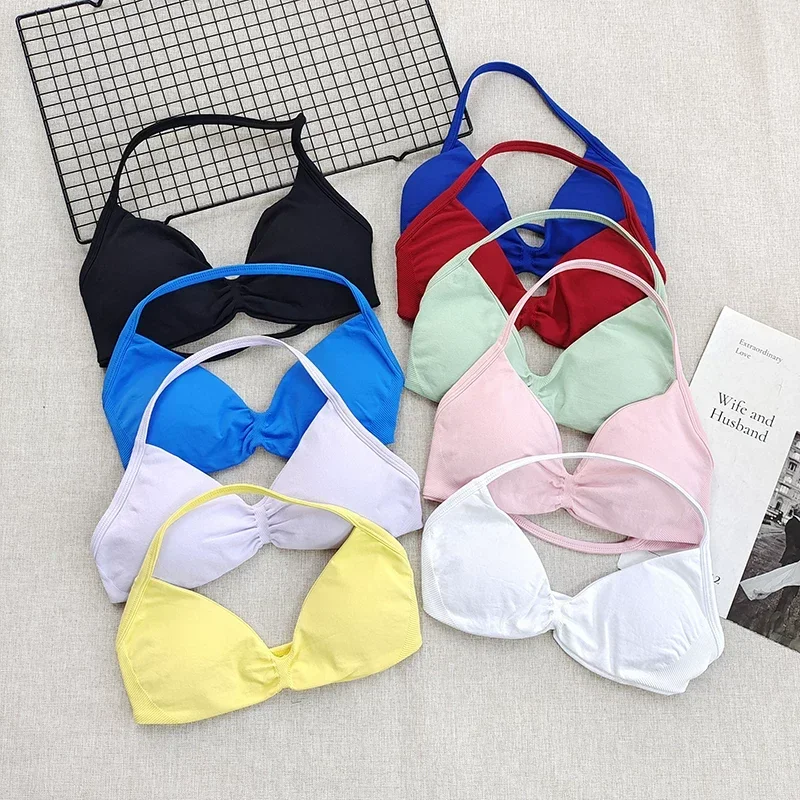 Strappy Bra Halter Gym Top Girl High Support Thin Strap Top Running Sports Seamless Bras Scrunch Workout Yoga Tank Bras Cloth