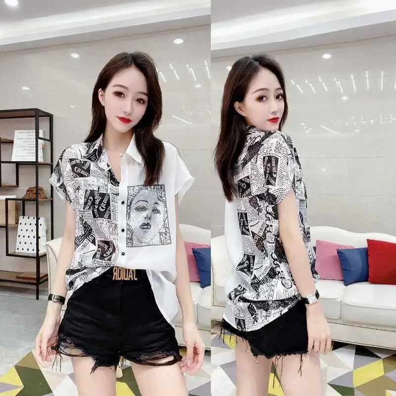 Korean Blouse Casual Graphic Women\'s T-shirt Summer Clothes Aesthetic Short Sleeve Pulover Fashion Midi Striped Tops Loose Shirt