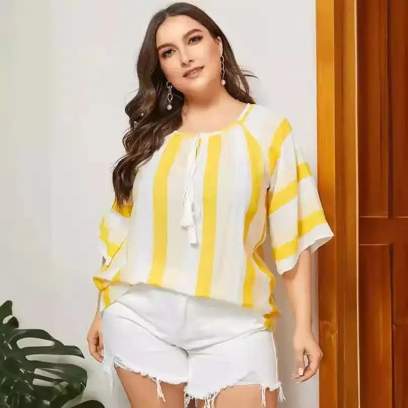 

2024 Summer New Large Women's Striped Top Loose Round Neck Tassel Strap Shirt