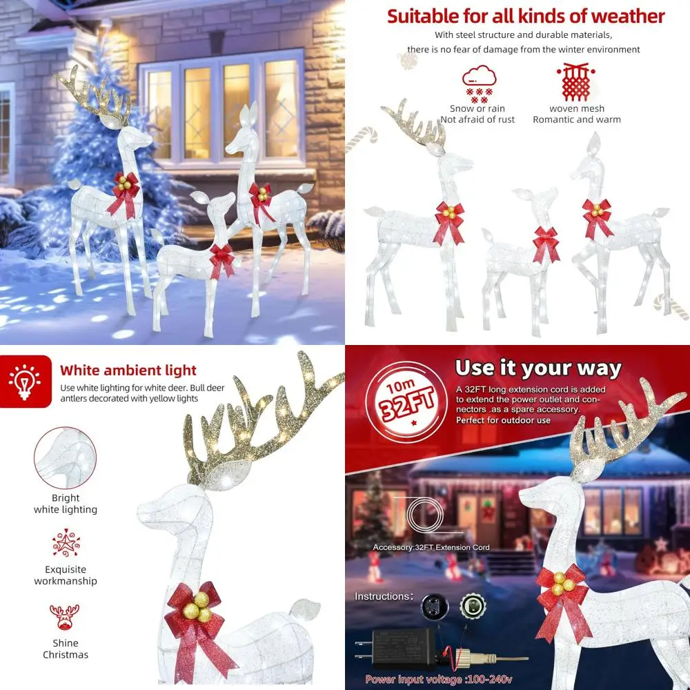 

Набор рождественских украшений с подсветкой из трех предметов в виде оленя, светодиодная подсветка для улицы/в помещении, семейства оленей для двора или крыльца, белый