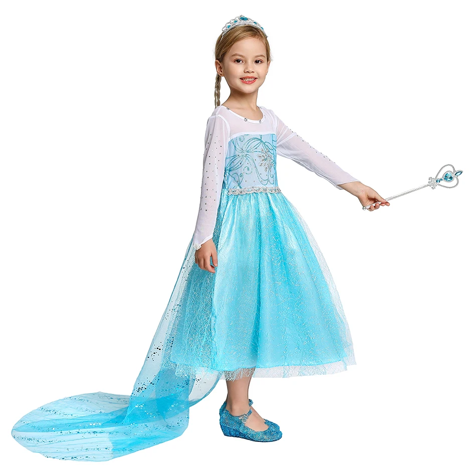 Vestido de princesa Elsa de Disney para niñas, disfraz de manga larga, reina de hielo, carnaval, fiesta de cumpleaños