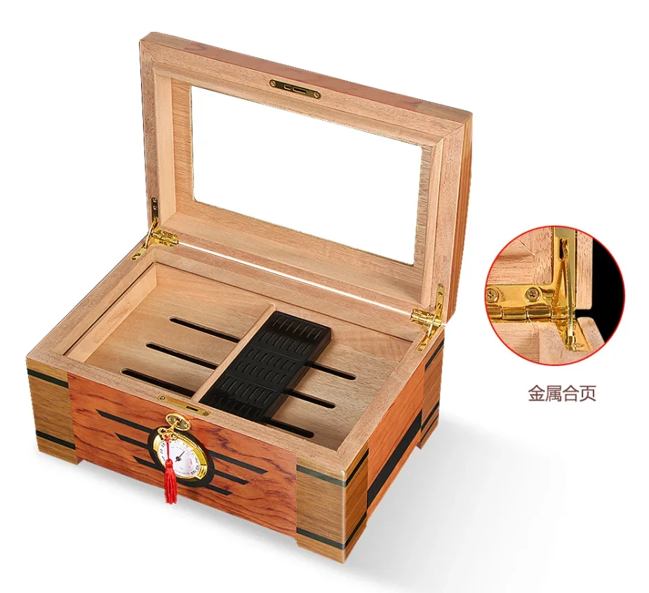 2026 Cedar Wood Desktop Humidor Case with Fingerprint Humidifier Hygrometer Lacquer Technics