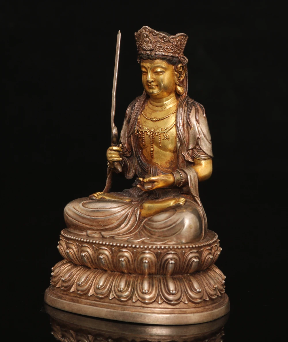 Tibetan copper gilt silver Manjushri Bodhisattva Tara Guanyin Buddha statue small ornament Jutang incense case offering ornament