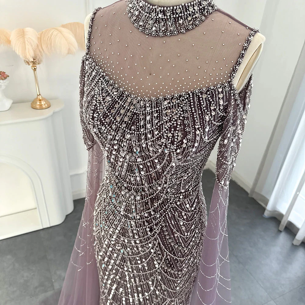 FATAPAESE Mermaid Luxury Dubai Evening Dress with Cape Sleeves Elegant Women Purple Wedding Formal Party Gown