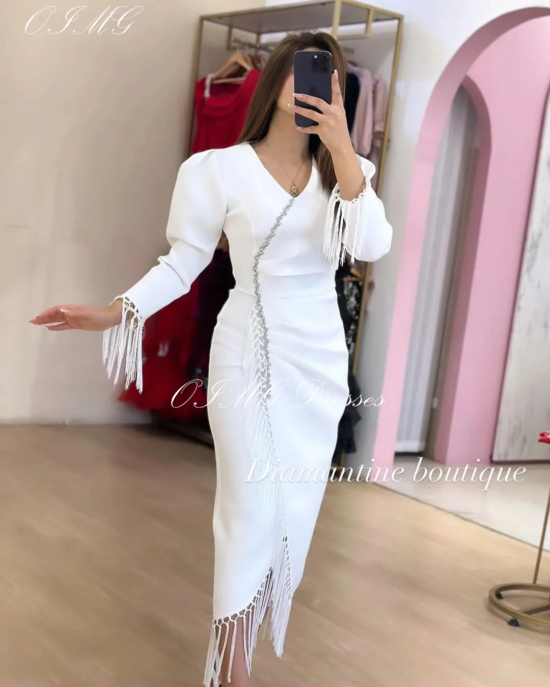 OIMG Saudi Customized Tassels Ivory Prom Dresses Long Sleeves Satin White Mermaid Vintage Simple Gowns Formal Party Dress