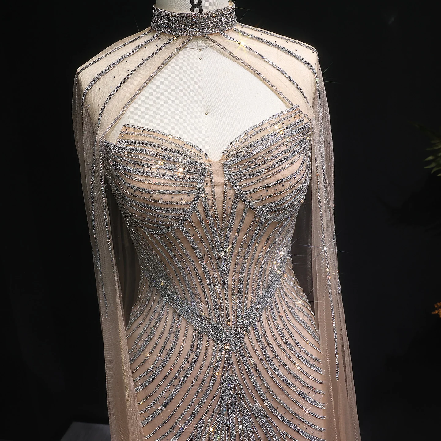 Sharon Said Sparkly Crystal Pink Mermaid Abendkleid mit Cape-Ärmeln Blau Elegante Frauen Hochzeit Party Kleider SS017 Maßgeschneidert