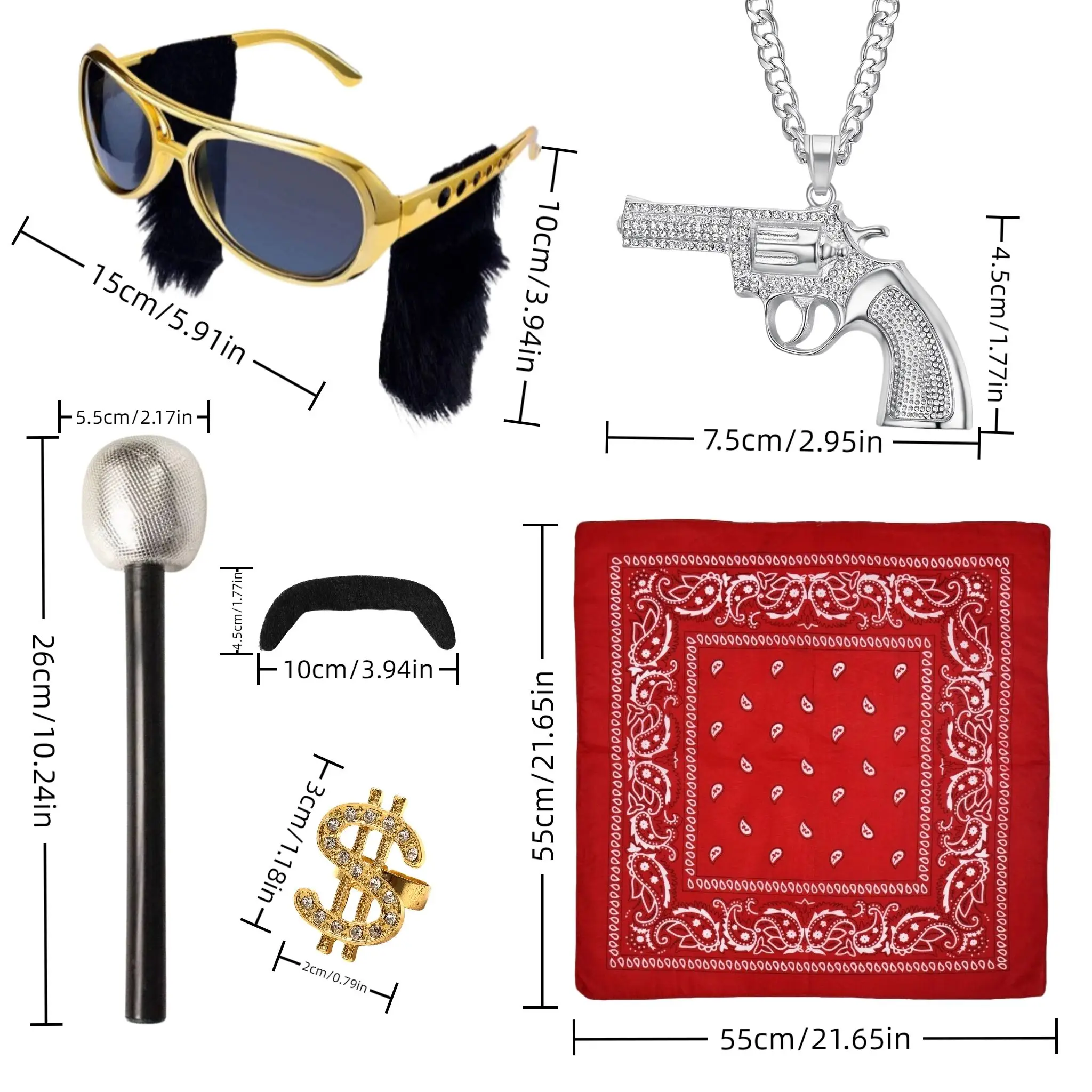 Vestido Elvis para festivais de festas disco, óculos, colares, barbas, chapéus de peruca e outros fantasias de rock hippie, dramatização de Halloween