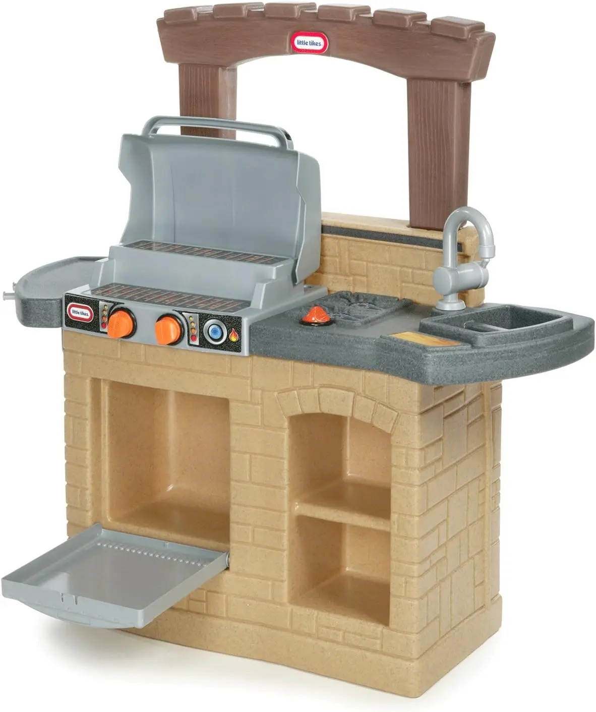 Cook and Play Outdoor BBQ Play Toy Set, Kitchen Toys with Oven, Sink, Dual-level Grill, Brown, 42 Inch