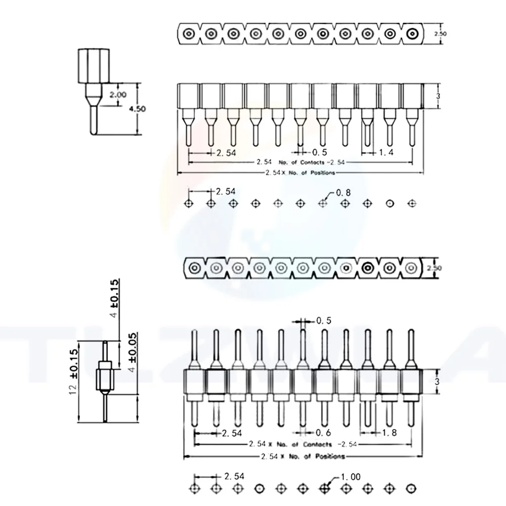 2.54MM 커넥터 라운드 홀 암 헤드 행 바늘 1x40 라운드 바늘 수 헤드 1x40P 금도금 단일 행, 5 개