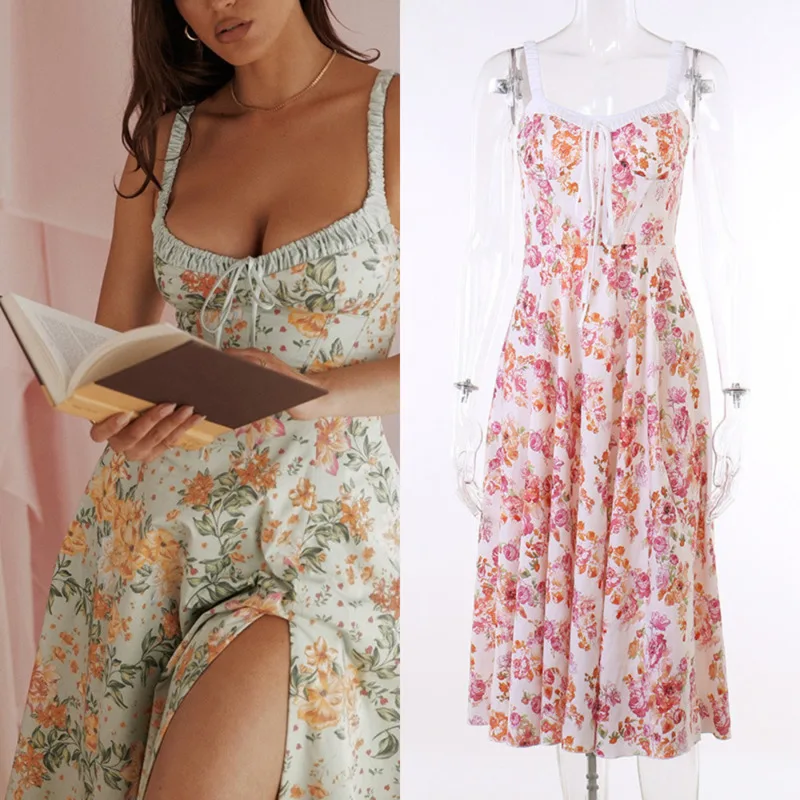 

Bohemian Mini Dresses Floral Dresses Women 2025 Strap Sexy Slit Short Sleeved Summer Temperament Slimming Beach Long Dresses New