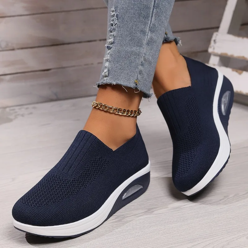 SummerWomen Fashion Vulcanized Sneakers Platform Solid Color Flat Ladies Shoes Casual Breathable Wedges Ladies Walking Sneakers