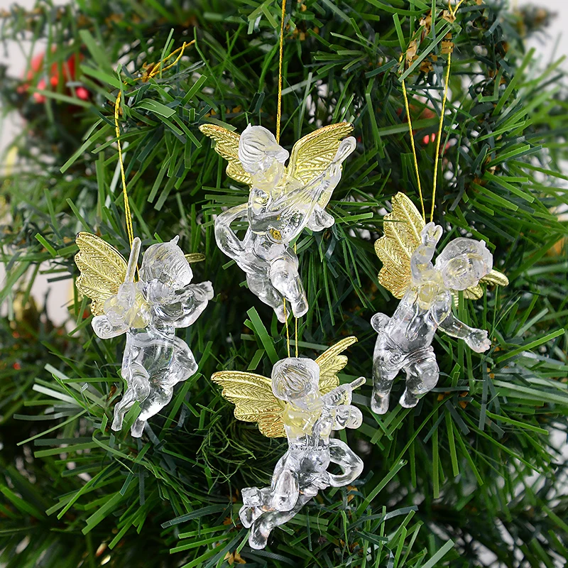 

4pcs Christmas Transparent Angel With Gold Wing Ornaments Christmas Tree Hanging Pendants Decor Festive Celebration Home Decor