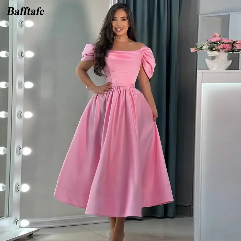 Bafftafe Hot Pink Satin Midi Customized Prom Evening Dresses Pleated Off The Shoulder Girl Homecoming Party Birthday Dress 2026