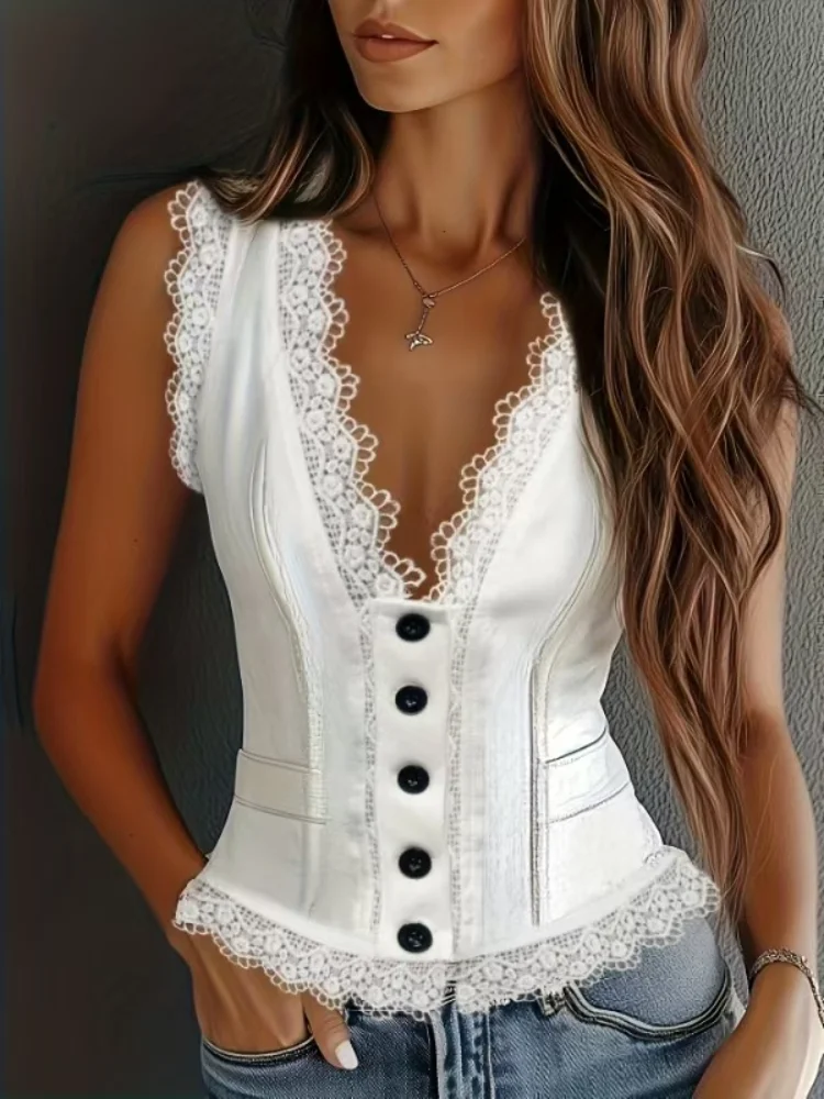 

Elegant Solid-color Mini Tops Women Sleeveless V-neck Lace-insert Waist-cinching Short Blouse 2026 Summer Holiday Lady New Wear