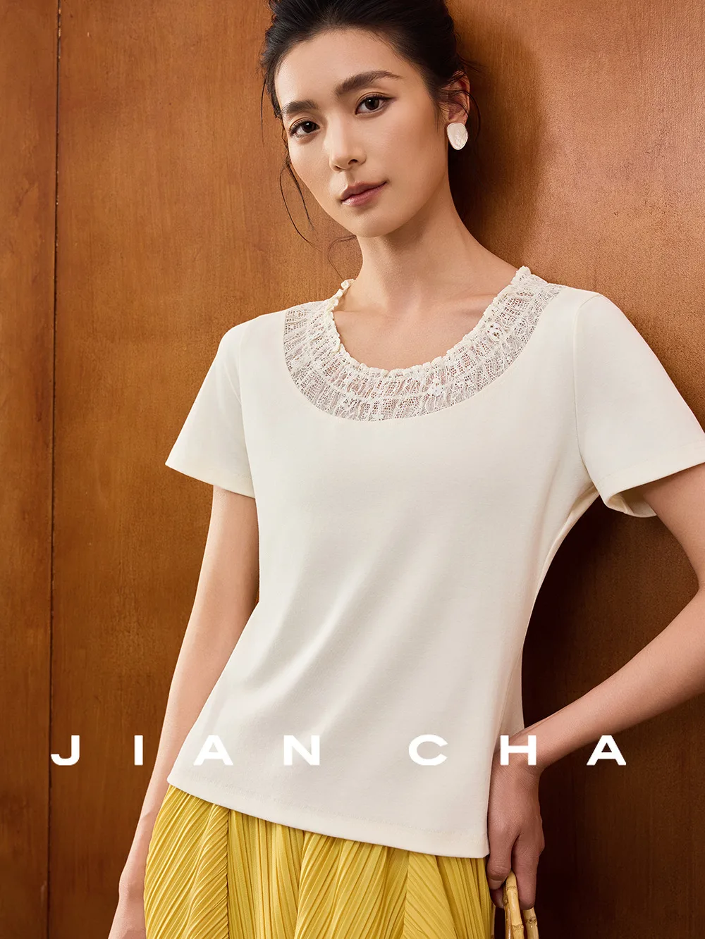 

Jiancha Summer ort Sve Футболка Кружева в стиле пэчворк Мягкое ощущение бежевого цвета Свободный крой Хлопковый материал круглый Ne S...