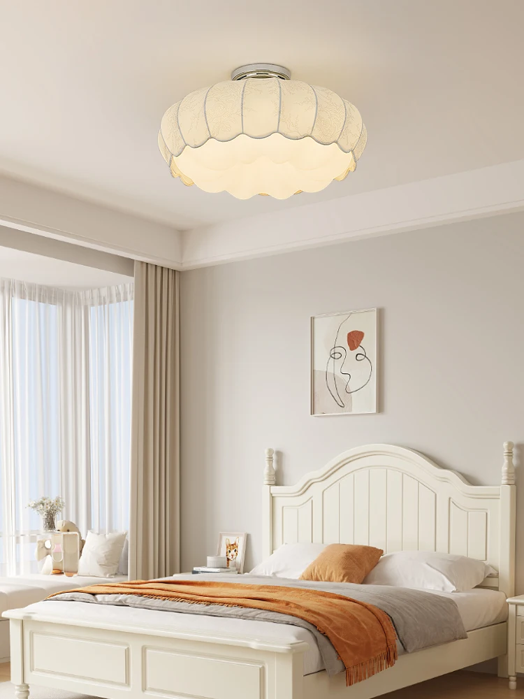 

French Mid-Century Cream Pumpkin Lamp - Modern Textile Bedroom Light with Artistic Design, Creative Master Bedroom Ambient