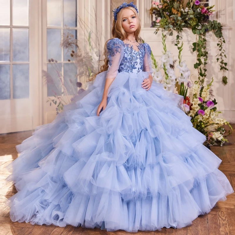 

Sky Blue Flower Girl Dresses Puffy Tiered Cake Skirt Appliques With Diamond Half Sleeve For Wedding Banquet Princess Gowns