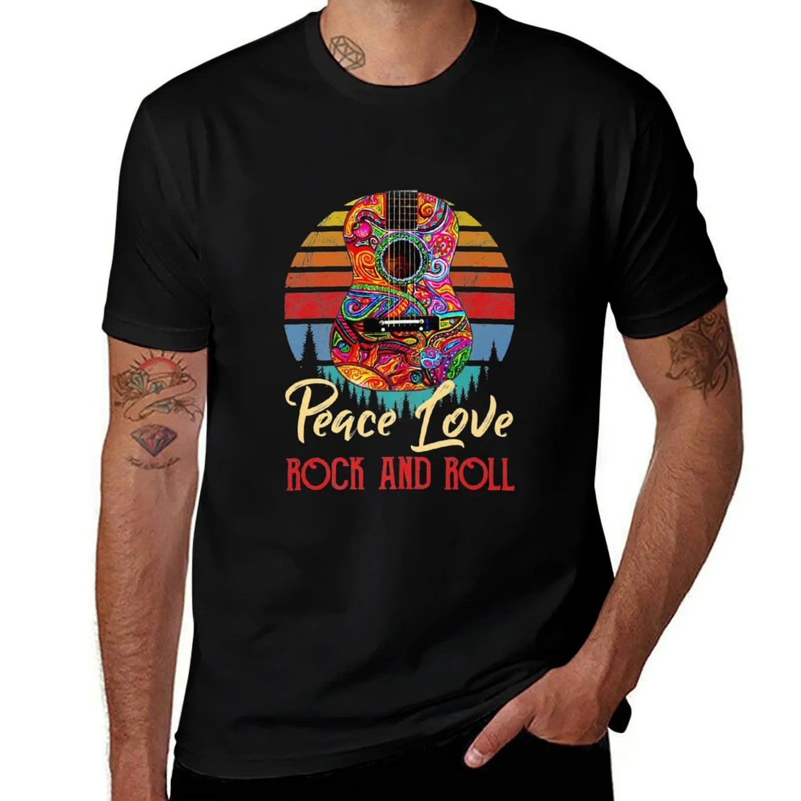 

Vintage Peace Love Rock And Roll Guitar Tshirt Hippie Gifts T-Shirt cotton t shirt man T-Shirt