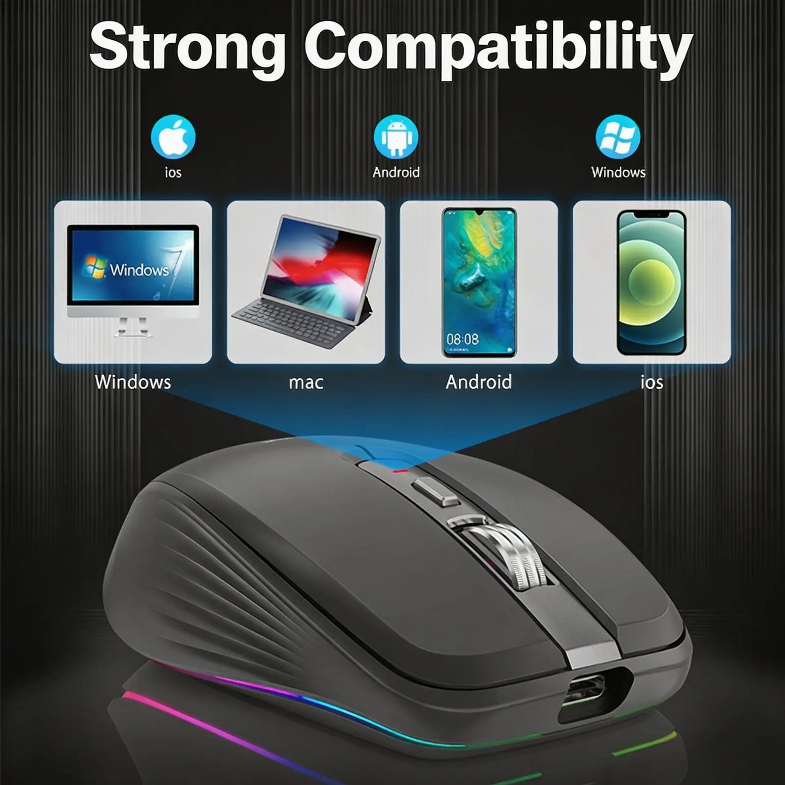 Wireless Dual Mode Mouse 2.4G Bluetooth 5.1 Rechargeable 700mAh Battery Support Volume Control DPI Adjustable RGB Backlight Mice