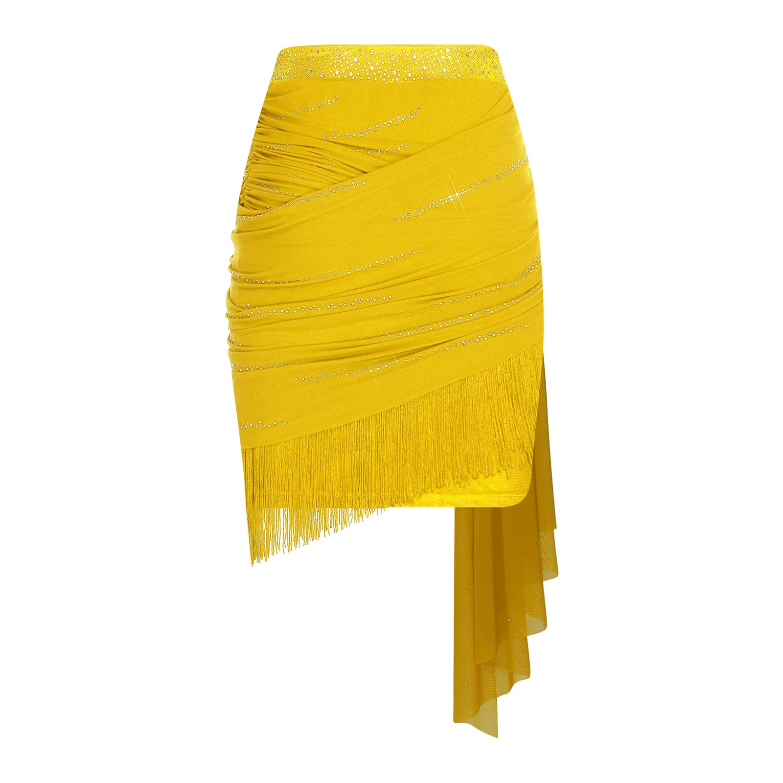 Womens Latin Dance Skirt Performance Costume Shiny Rhinestones Tassels Salsa Skirts Elastic Waistband Mesh Drape Ruched Skirt
