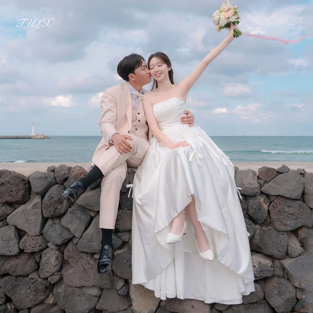 

TULX Elegant A line Long Bow Wedding Dress Korea Photo Shoot Strapless Ivory Satin Bridal Gowns Corset Customized 웨딩드레스