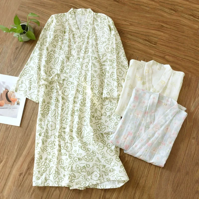 

2026 Japanese New Spring/Summer Women's Sleeping Robe 100% Cotton Gauze Kimono Robe Thin Home Clothing Bathrobe Sleepwear
