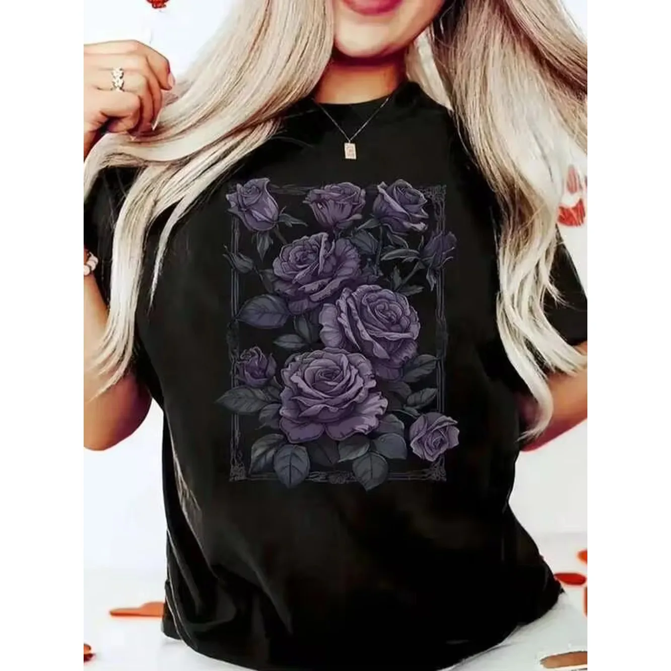 Teen Girl Clothes, With Purple Roses Pattern, Short Sleeved T-Shirt For Teenagers, Floral Printed T-Shirt, Breathable Fabric, Y2k Style.
