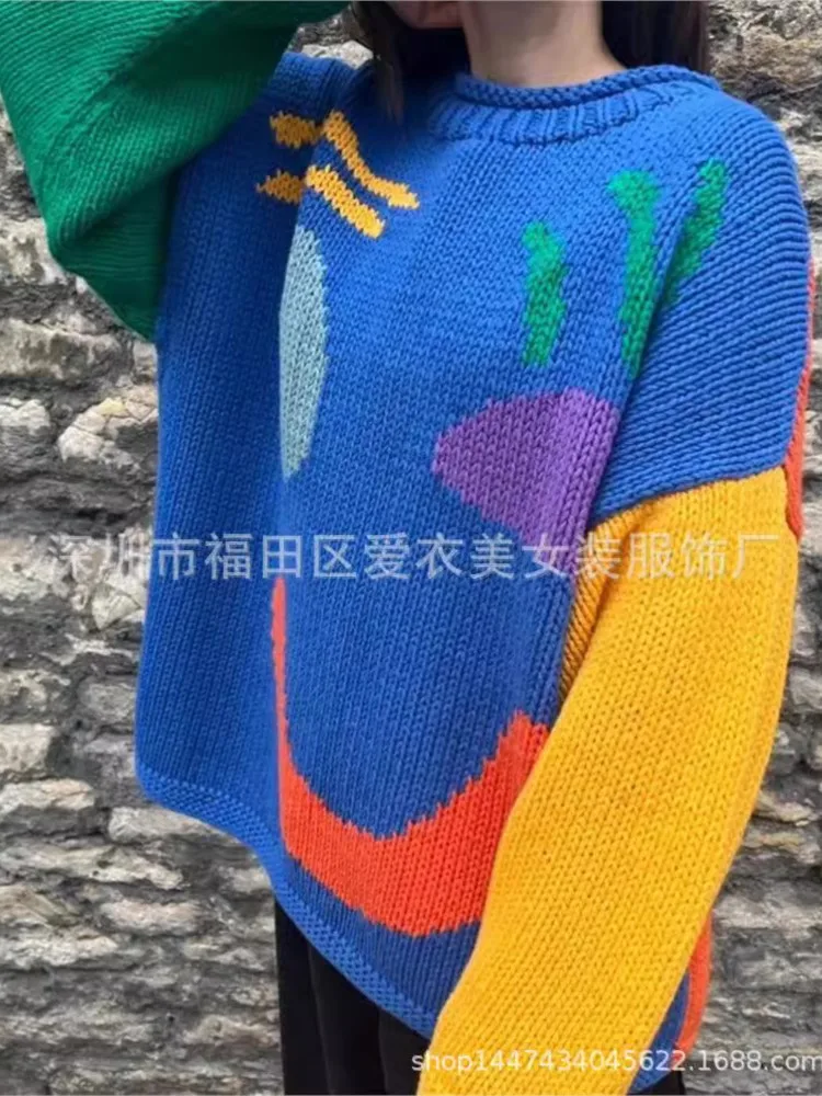 Fashion Color Smiley Face Knitted Sweaters Women Autumn Winter Loose O Neck Knitting Pullover Sweater Ladies Streetwear Tops New