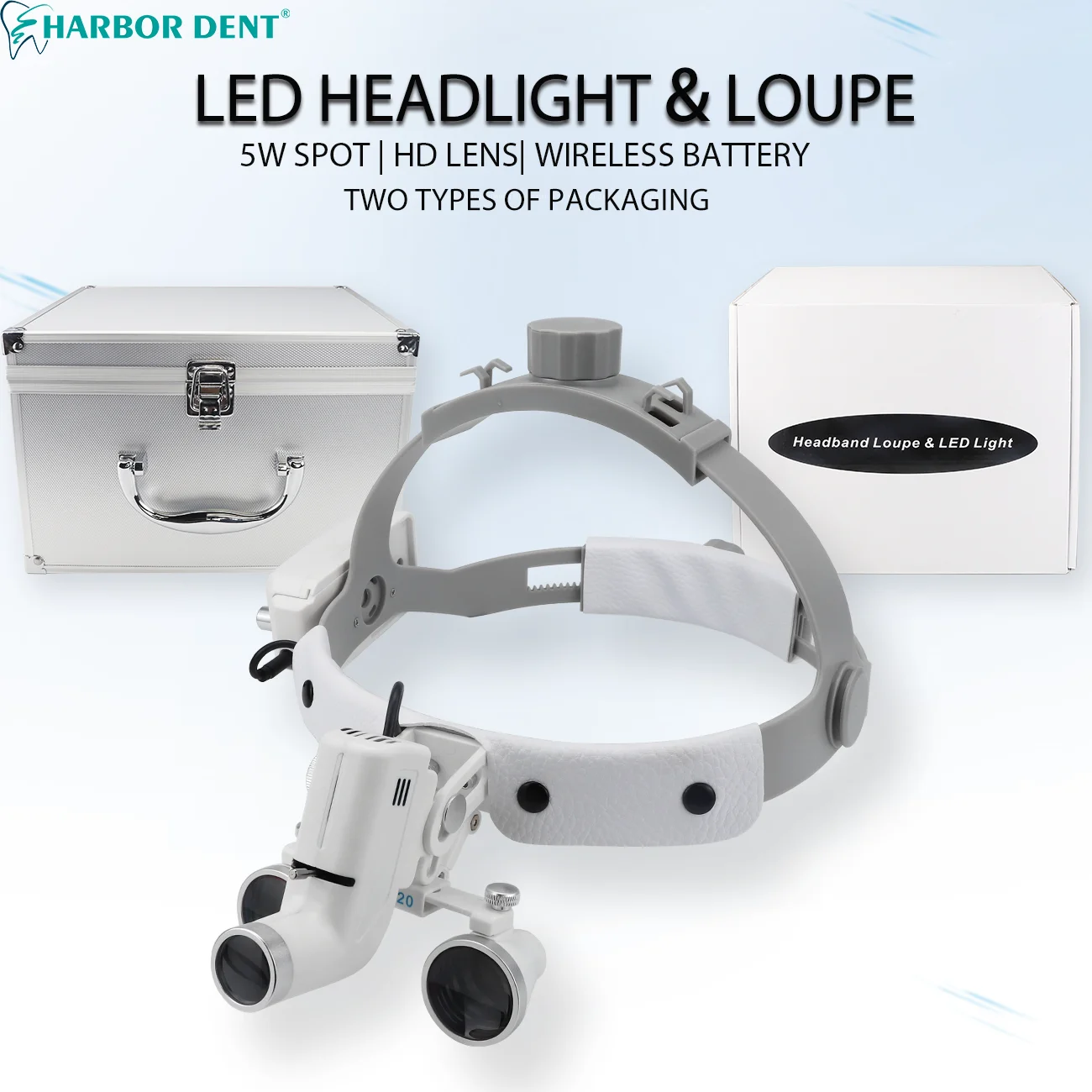 2.5X/3.5X dentaire chirurgical phare LED bandeau Loupes binoculaires 5W luminosité réglable projecteur avec aluminium/boîte en carton