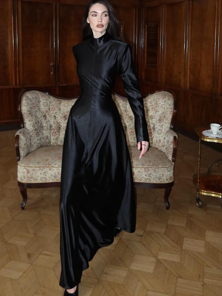 Weird Puss Elegant Classic Dress Women Spring Trend Half High Collar Full Sleeve Simple Stretch Skinny Evening Banquet Bodycon