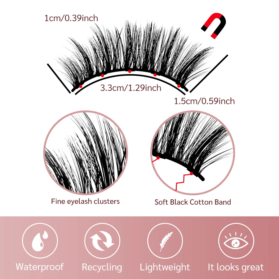Kit de pestañas magnéticas y delineador de ojos, pestañas postizas magnéticas 3D reutilizables, 1 par