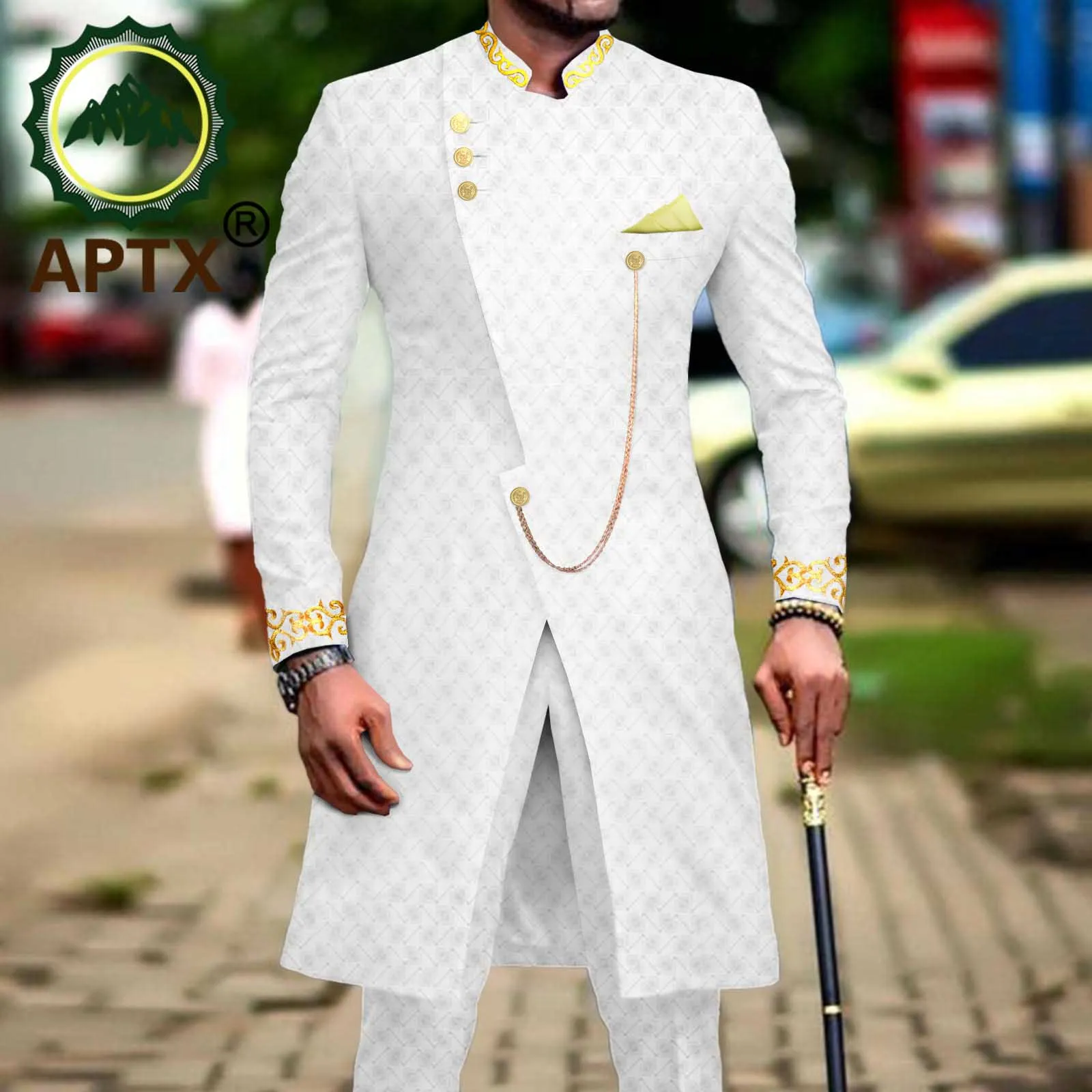 

APTX African Clothes for Men Wedding Two Piece Set Dashiki Embroidery Jacket and Trousers with Kerchief Formal Slim Fit A2216037