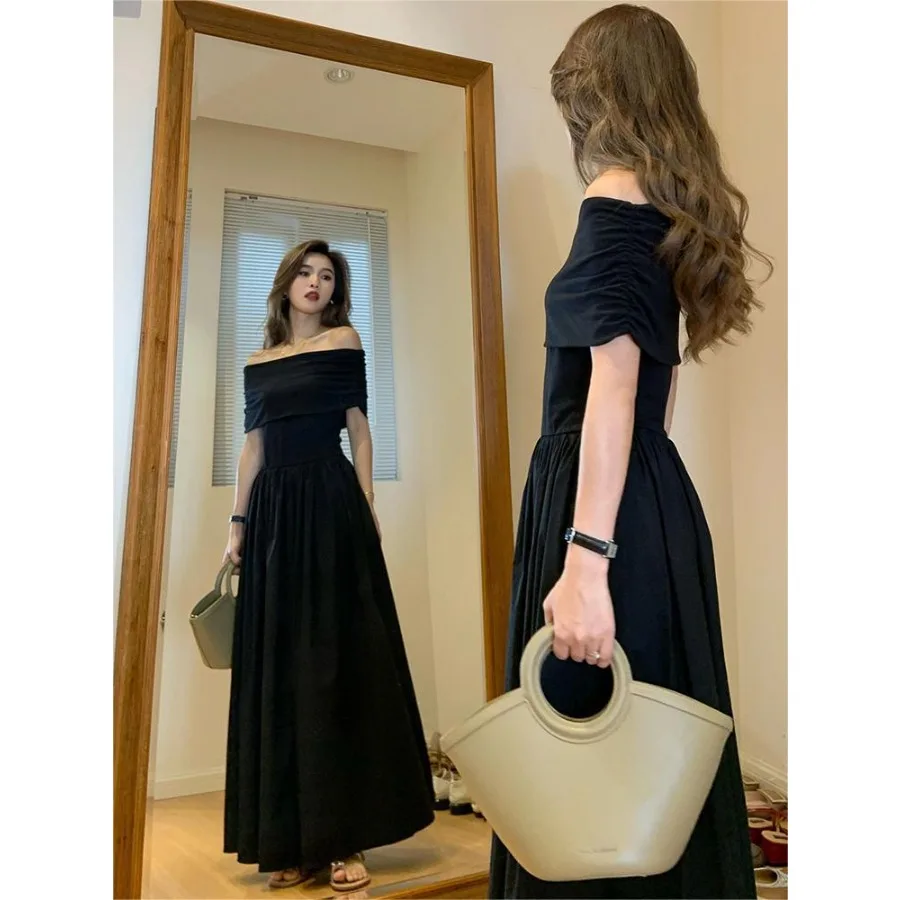 

【New style】668 Black one-shoulder dress, high-end temperament, off-the-shoulder, waist, long dress, tube top dress