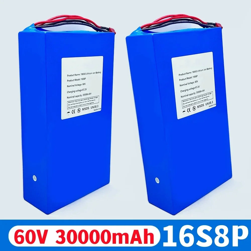 60V 30000mAh 16S8P XT60+T plug Rechargeable Lithium Battery Pack 30A for 1000W 1500W 2000W High-power Li-ion Batteries with BMS