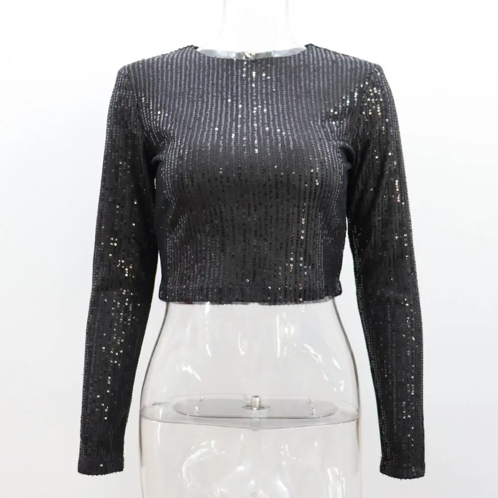 Slim Fit Round Neck Tee Sequin Embellished Long Sleeve Cropped Top Round Neck Slim Fit Tee dla kobiet Stylowy luźny krój Krótki