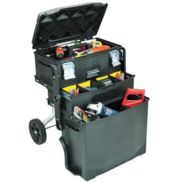 Carrito de herramientas apilable estilo Stanley Fatmax con ruedas, kit de caja de herramientas de plástico cuatro en uno, precio mayorista, gran oferta