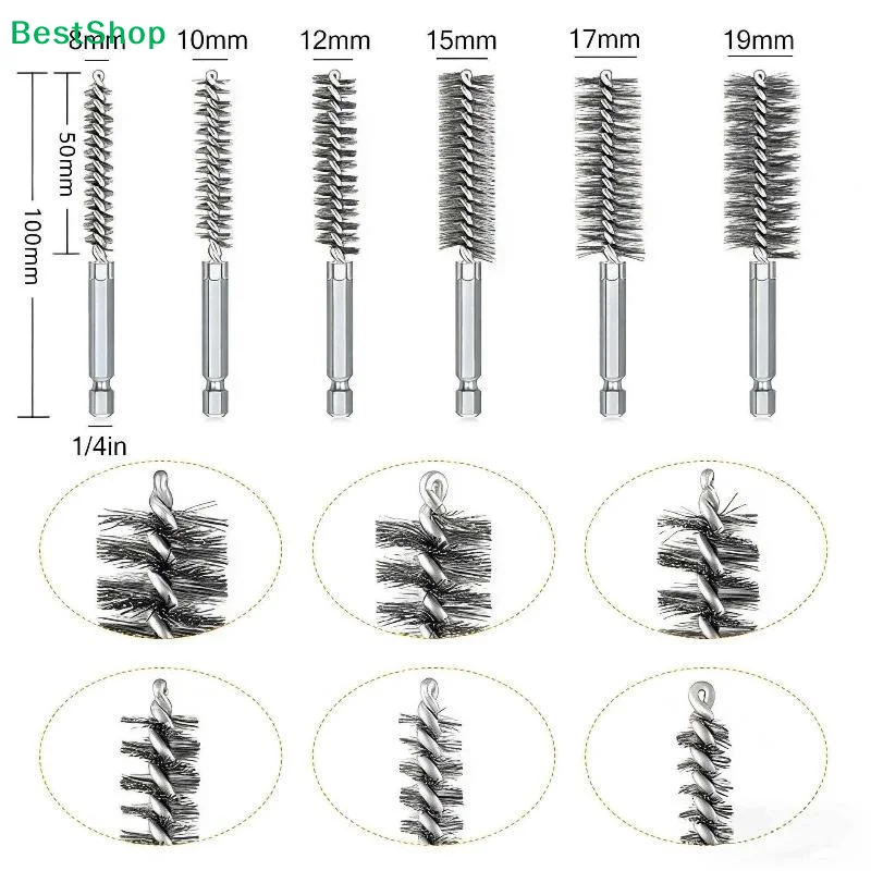 6/8/10/12/14Pcs 8-19mm Stainless Steel Pipe Cleaning Brush 1/4 Hexagonal Wire Brush For Electric Drill Cleaning Tool