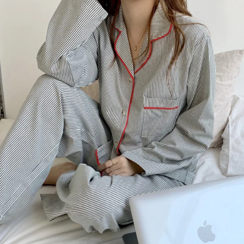 Novo ins pijamas feminino simples listrado de manga comprida cardigan menina coreano fino loungewear conjunto de duas peças pijamas para mulher primavera