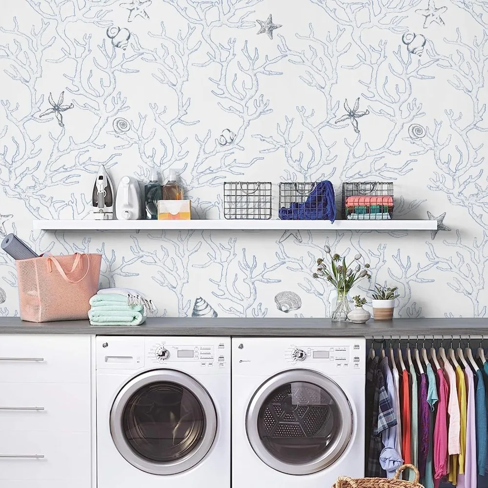 ورق اتصال كورال صدف نجم البحر، قشر وعصا، أبيض وأزرق فاتح، ورق جدران ساحلي، 17.3 × 1181 بوصة، لاصق ذاتي