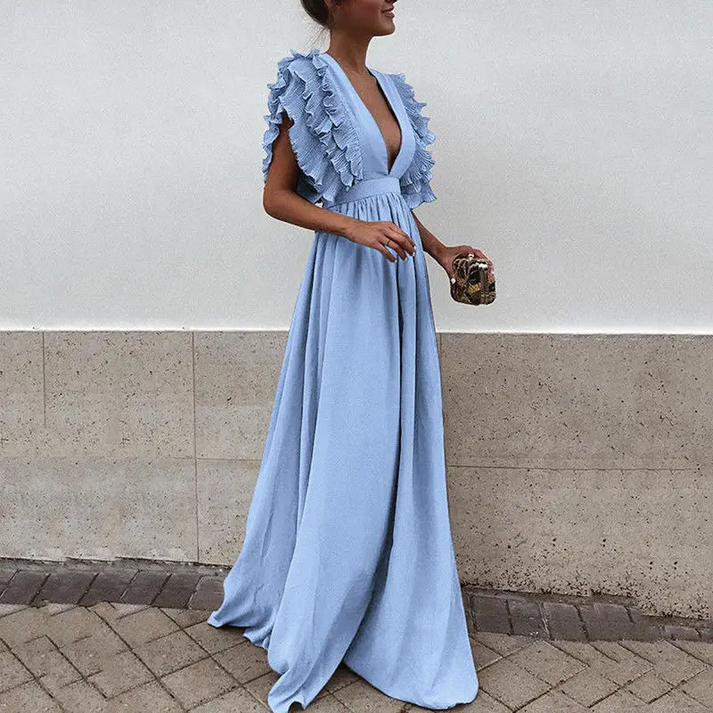 Formal Party Dress Women Deep V-Neck Long Dress Elegant Flying Sleeves Backless Maxi Evening Dresses Robe De Soiree