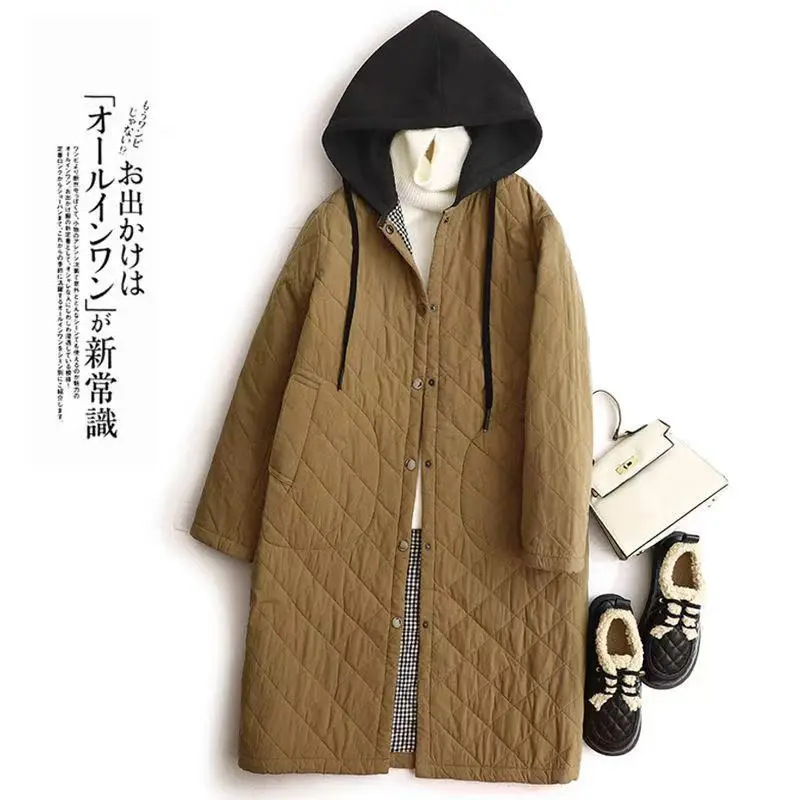 

Quilted Coats Lightweight Cotton Added Jackets for Women Long Sleeved Knee-length Hooded Casual Vintage Winter Women Clothing