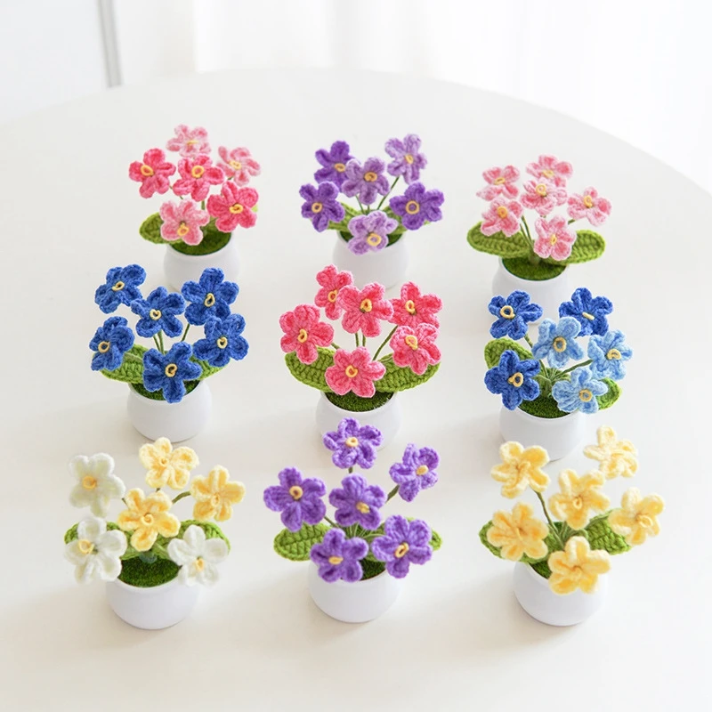 Mini Crochet Potted Flower Hand-knitted Flowers Pots Wedding Gift for Guests Artificial Tuilp Daisy Flower Desktop Decor Flores