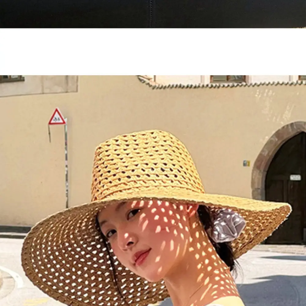 Summer Beach Straw Hat Wide Brim Women Hollow Out Sun Protection Fedora British Vintage Style Foldable Travel Cap