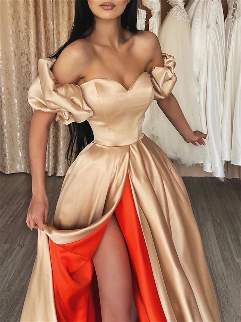 Prachtige Sexy Backless Off Shoulder Pluizige Mouwen Hoge Vork Jurken Voor Vrouwen Club Verjaardagsfeest Prachtige Avondjurken