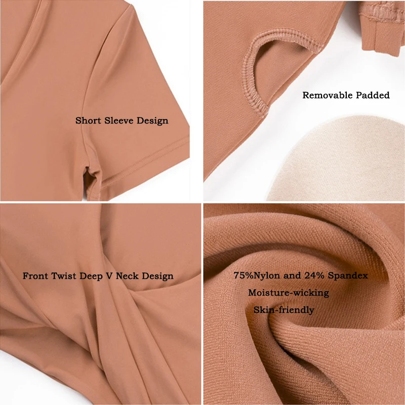 Vital inovo Kurzarm Crop Tops für Frauen Twist Front Crop Tank Top Yoga Laufen gepolsterte Sport-BH Casual Shirts Workout Tops – Detail 2