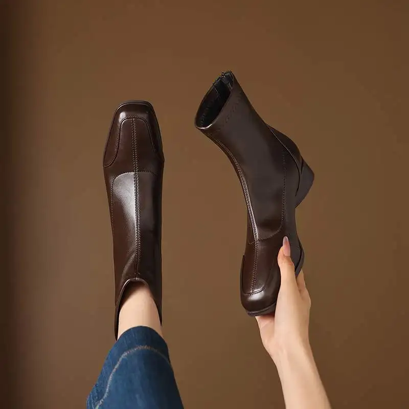 Krazing Pot Microfiber Square Toe Med Heels Zipper Chelsea Boots Pleated Design Keep Warm Winter Shoes Preppy Style Ankle Boots