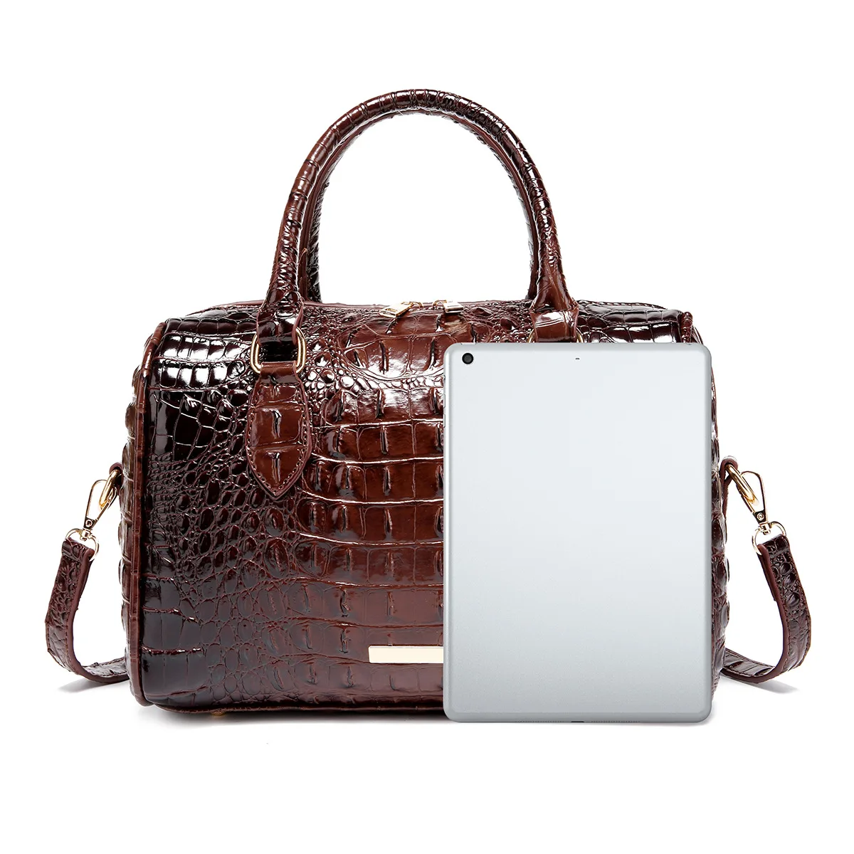 Ombre Crocodile Embossed Boston Handbag Classic Style Crossbody Bag Women's Leather Satchel Purse